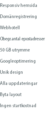 Responsiv hemsida Domänregistrering Webhotell Obegr. antal epostadresser 50 GB utrymme Googleoptimering Unik design Alla uppdateringar Byta layout Ingen startkostnad