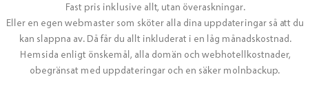 Fast pris inklusive allt, utan överaskningar. Eller en egen webmaster som sköter alla dina uppdateringar så att du kan slappna av. Då får du allt inkluderat i en låg månadskostnad. Hemsida enligt önskemål, alla domän och webhotellkostnader, obegränsat med uppdateringar och en säker molnbackup.