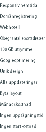 Responsiv hemsida Domänregistrering Webhotell Obegr. antal epostadresser 100 GB utrymme Googleoptimering Unik design Alla uppdateringar Byta layout Månadskostnad Ingen uppsägningstid Ingen startkostnad