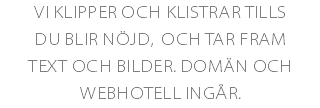 Vi klipper och klistrar tills du blir nöjd, och tar fram text och bilder. Domän och webhotell ingår.